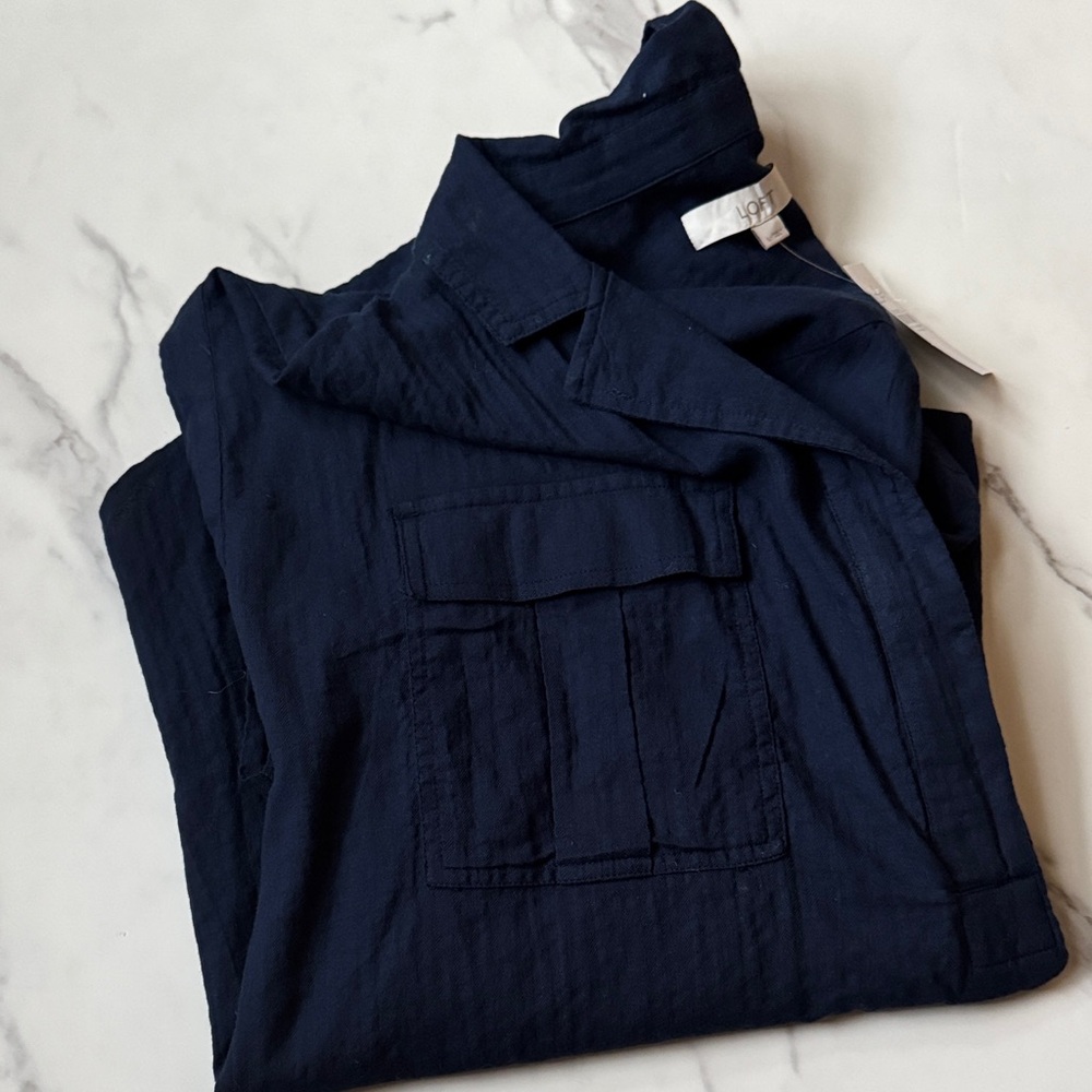LOFT Deep Blue Textured Blouse with double front pockets and high low hem
